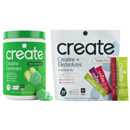 [BRSRGBACDIPQK3TA] Create Creatine Gummies & Creatine + Electrolytes Bundle - Creatine Monohydrate, NSF Certified for Sport, 90ct Sour Green Apple Gummies + 30ct Variety Stick Packs