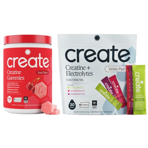 [BRSRGBACC4GQGETL] Create Creatine Gummies & Creatine + Electrolytes Bundle - Creatine Monohydrate, NSF Certified for Sport, 90ct Sour Cherry Gummies + 30ct Variety Stick Packs