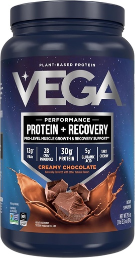 [BRSWKZANPIABYA3K] Vega Sport Vegan Protein Powder + Recovery - 30g Plant Based Protein per Serving, Chocolate, 19 Servings, 5g BCAAs, Probiotics, NSF Certified, For Shakes & Smoothies, 1.8lbs (Packaging May Vary)
