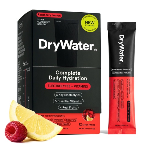 [BRSRGZIEA57GYYLX] DryWater® Electrolyte + Vitamin Hydration Powder Packets, Raspberry Lemon (Stevia-Free), 1,000mg Potassium, Real Organic Fruit, NSF Certified Sport, Nothing Artificial, No Added Sugar (12 Stick Packs)