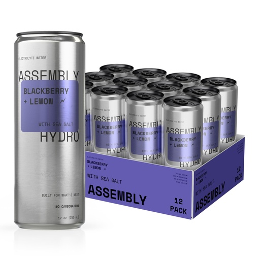 [BRSRGGQTAR7AEYA7] Assembly Hydro Electrolyte Water, BlackBerry Lemon, With Sea Salt, Hydration Drink, Electrolytes, Non-Carbonated Beverage, 12 fl oz (350 mL)
