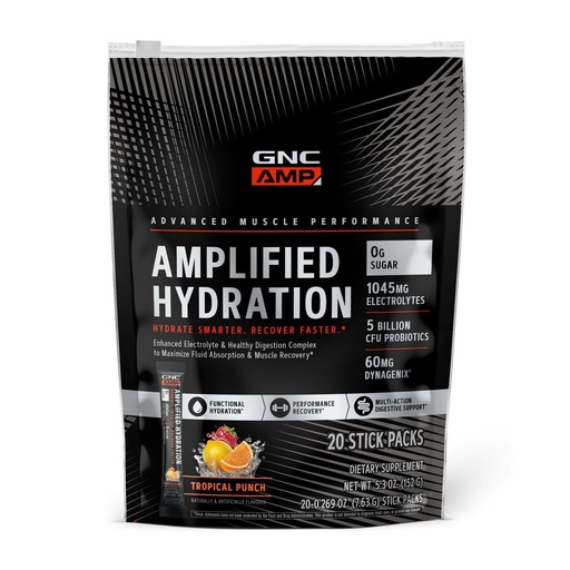 [BRSROYIDAR6R6CT2] GNC AMP Amplified Hydration Electrolyte Powder Drink Mix | Enhanced Electrolyte & Healthy Digestion Complex | Tropical Punch | 20 Count