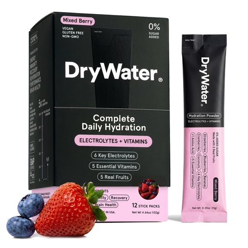 [BRSRGZIEOYJQIC3U] DryWater® Electrolyte + Vitamin Hydration Powder Packets – Mixed Berry, 1,000mg Potassium, Real Organic Fruit, NSF Certified for Sport, Nothing Artificial, No Added Sugar (12 Stick Packs)