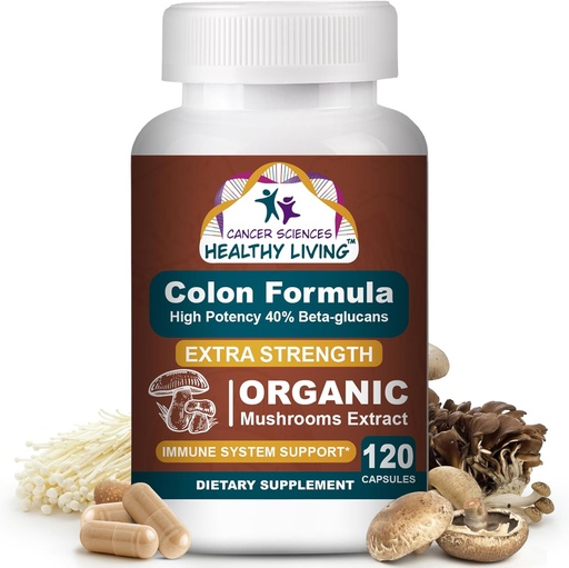 [BRSRA2YECF4A4GTP] Cancer Sciences Colon Wellness Supplement, USDA Certified Organic Mushrooms Extract, Extra Strength 1,500 mg, High Potency 40% Beta-Glucans, Immune, Gut & Digestive, Colon Cleanse & Detox, 120 Caps