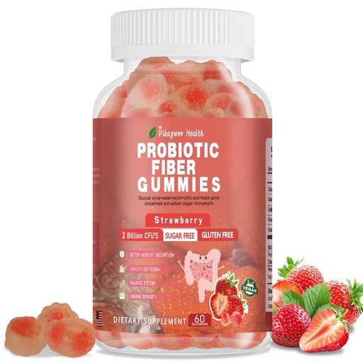 [BRSREZLROYJR4DI4] Probiotic Fiber Gummies for Adults, No Sugar Added Strawberry Flavor– 120 Billion CFUs –Vitamin C,Vitamin D–Digestive Health & Regularity Support(60 Count)