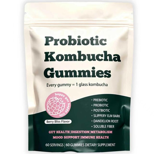 [BRSRECDRCADQI3DX] Probiotic Kombucha Gummy - Prebiotics + Probiotics + Postbiotics | Contains MCT Oil, elm bark, Dandelion Root, and Fiber | Promotes Gut Health | 60 Capsules
