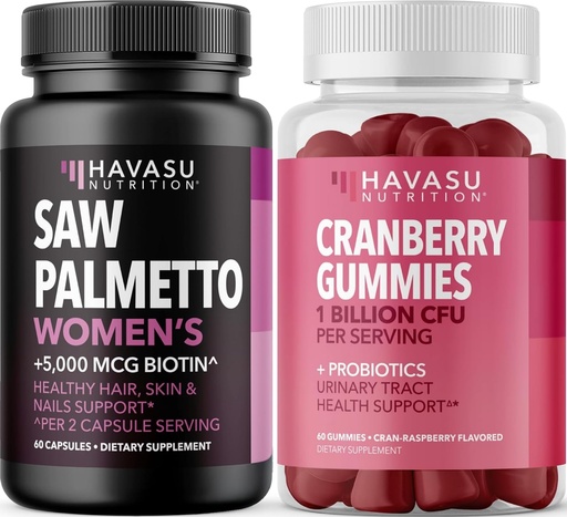 [BRSREYYHAEJQGDTB] HAVASU NUTRITION Probiotic Cranberry Gummies for Women (30 Servings) & Saw Palmetto for Women Hair Complex (30 Servings)