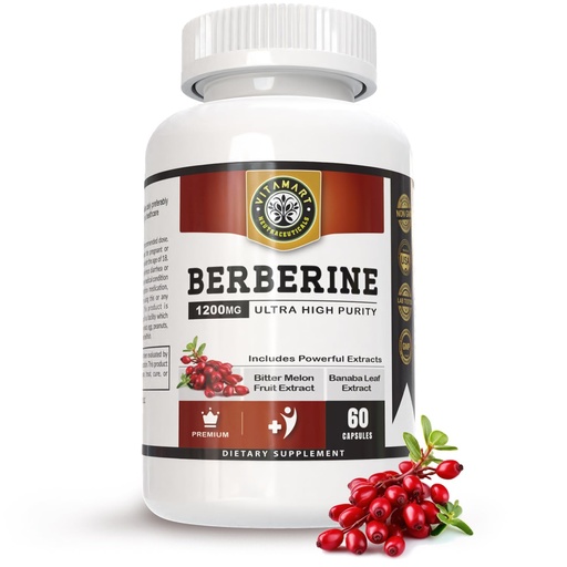 [BRSRABIKBNYGOALU] Berberine HCL 1200mg Premium, Ultra High Purity, Pure 60 Capsules - Berberine Supplement, Supports Immune System, Berberine Plus Enhanced with Bitter Melon Fruit & Banaba Leaf Extract