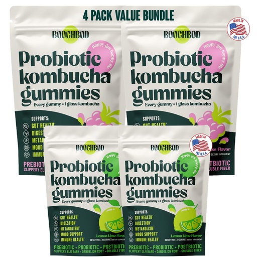 [BRSRGBT4CN7WG3DJ] BoochBod - Probiotic Kombucha Gummy - Prebiotics, Probiotics, Postbiotics, Fiber Supplement, Slippery Elm, Dandelion Root, for Bloating, Gut Health - for Women and Men - 4X Bundle & Save
