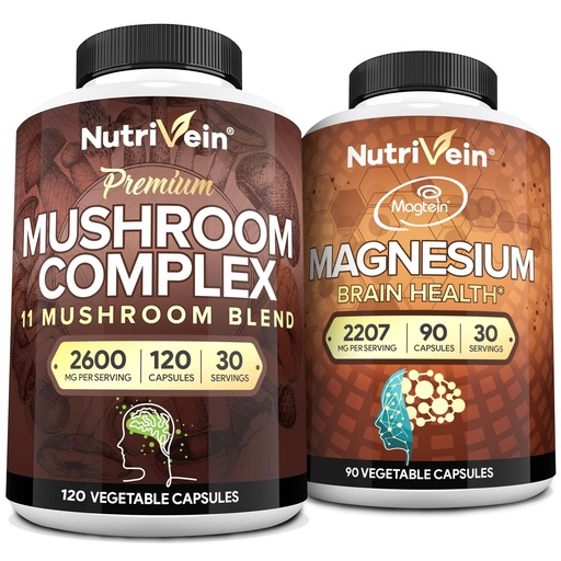 [BRSRA233DEHGCELG] Nutrivein Premium 120 Cap Mushroom Complex 2600mg & 90 Cap Magnesium 2207mg Bundle - 11 Mushrooms - Lions Mane, Chaga, Reishi, Cordyceps, & More - Immune & Brain Function Plus Memory & Focus