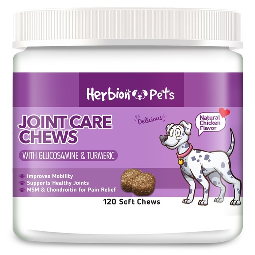 [BRSWYGI6BANAGFDZ] HERBION Pets Joint Care Chews with Glucosamine & Turmeric, 120 Soft Chews, MSM & Chondroitin for Pain Relief, Improves Mobility, Supports Healthy Joints, Made in USA, for Dogs 12 Weeks+, Pack of 1