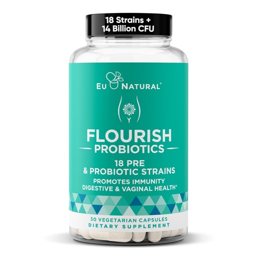 [BRSWGGIPCMFBOFL5] Flourish Probiotics + Prebiotics for Women - Gut and Digestion, Urinary Tract, Reduce Bloating, Vaginal Health - 18 Clinically Proven Strains, 14 Billion CFU - 30 Shelf-Stable Mini Vegan Capsules