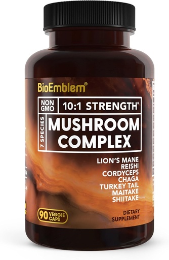 [BRSRAEITBYIG2YD7] BioEmblem Mushroom Complex - 10:1 Strength and 7 Species - Lions Mane, Reishi, Cordyceps, Chaga, Maitake, Shiitake Mushroom supplement - Immunity, Energy & Focus, Brain - Non-GMO, Vegan - 90 Caps