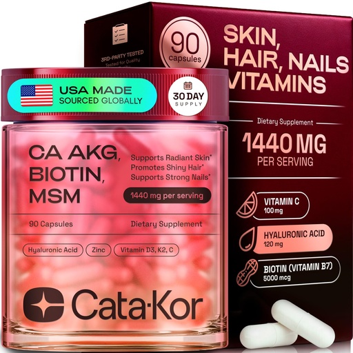 [BRSREBINOQCR6C3F] Cata-Kor Hair Skin and Nails Vitamins for Women – Biotin Collagen Hair Supplement | Hyaluronic Acid | Calcium AKG | MSM | Vitamin D3 K2 & C – Hair Growth Vitamins for Women – 30 Day Supply (1 Pack)