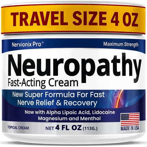 [BRSRGBQEA4PAEF3P] Neuropathy Nerve Relief Cream – Maximum Strength for Feet Hands Legs Toes Back – Natural Ingredients Arnica Aloe Vera MSM Vitamins – Fast-Acting Soothing Relief – Made in USA – Large 4 Oz