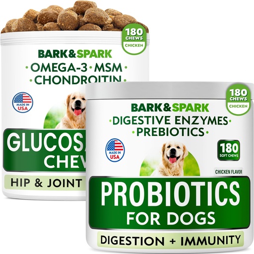 [BRSW2HYTBAHRMHT4] Dog Probiotics + Glucosamine Treats Bundle - 360 Soft Chews - Digestive Enzymes + Prebiotics + Chondroitin, MSM, Omega-3 - Gas, Diarrhea, Allergy, Constipation + Joint Pain Relief - Immunity