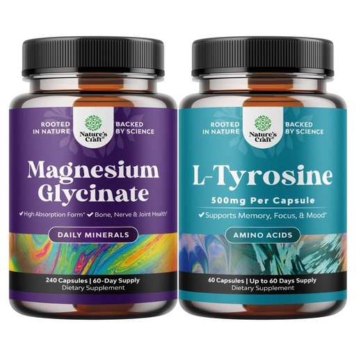 [BRSRAZQTAQMWKGTB] Bundle of High Absorption Magnesium Glycinate Capsules for Calming Sleep Plus Muscle Bone & Nerve Support and Free Form L Tyrosine 500mg Capsules for Mental Energy and Focus Support