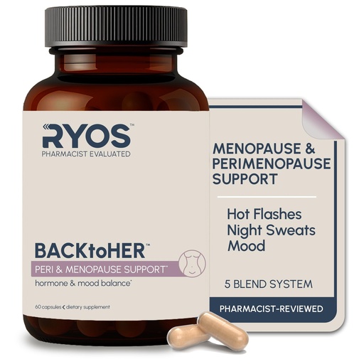 [BRSRGZAOCIIBO23L] RYOS Menopause & Perimenopause Supplement for Women – Hot Flash & Night Sweat Support, Hormone Balance & Mood – Black Cohosh, DIM, Maca, Probiotics BACKtoHER, 60 Vegan Capsules