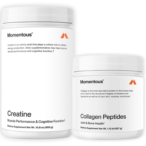 [BRSRACY6PMDQA33A] Momentous Creatine Monohydrate Powder & Grass-Fed Collagen Peptides Powder Stack - Supports Strength, Lean Muscle, & Recovery - FORTIGEL & Vitamin C for Hair, Skin, Nails, & Joint Health Support