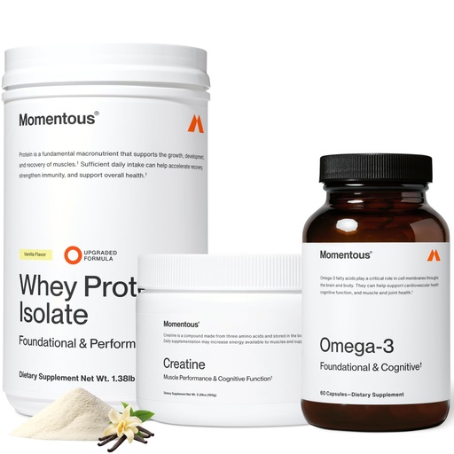 [BRSREC35OUOQO3T4] Momentous Three - Creatine Monohydrate Powder (30 Servings), Grass-Fed Whey Protein Powder (Vanilla) & Omega-3 Fish Oil 1600mg - Daily Essentials for Strength, Performance & Lean Muscle Recovery
