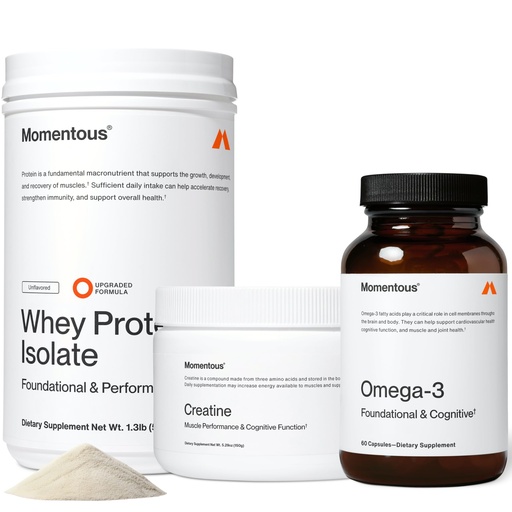 [BRSREC35OVYWYALV] Momentous Three - Creatine Monohydrate Powder (30 Servings), Grass-Fed Whey Protein Powder (Unflavored) & Omega-3 Fish Oil 1600mg - Daily Essentials for Strength, Performance & Lean Muscle Recovery