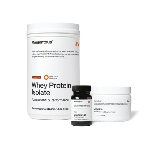 [BRSRGFIHCABWMCDU] Momentous Arnold's Stack - Creatine Monohydrate Powder, Essential Grass-Fed Whey Protein Powder (Chocolate) & Vitamin D3 (2000 IU) - Daily Fundamentals to Support Muscle Strength & Longevity