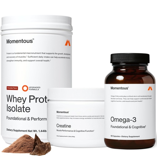 [BRSREC35OF5A2HY4] Momentous Three - Creatine Monohydrate Powder (30 Servings), Grass-Fed Whey Protein Powder (Chocolate) & Omega-3 Fish Oil 1600mg - Daily Essentials for Strength, Performance & Lean Muscle Recovery