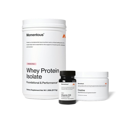 [BRSRGFIHAVYBQFD7] Momentous Arnold's Stack - Creatine Monohydrate Powder, Essential Grass-Fed Whey Protein Powder (Strawberry) & Vitamin D3 (2000 IU) - Daily Fundamentals to Support Muscle Strength & Longevity