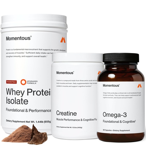 [BRSRACY6CICA4FYY] Momentous Three - Creatine Monohydrate Powder (90 Servings), Grass-Fed Whey Protein Powder (Chocolate) & Omega-3 Fish Oil 1600mg - Daily Essentials for Strength, Performance & Lean Muscle Recovery