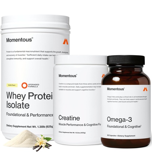 [BRSRACY6AUGREELZ] Momentous Three - Creatine Monohydrate Powder (90 Servings), Grass-Fed Whey Protein Powder (Vanilla) & Omega-3 Fish Oil 1600mg - Daily Essentials for Strength, Performance & Lean Muscle Recovery