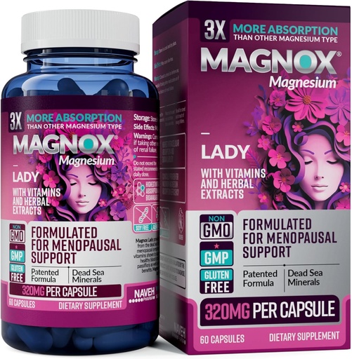 [BRSROHDQPICW2DLO] MAGNOX Lady Magnesium Supplement | Menopause and PMS Support Supplement for Women | Magnesium Complex with Vitamins B6, B1, B12, D, Zinc | High-Absorption Dead Sea Organic Magnesium | 60 Capsules