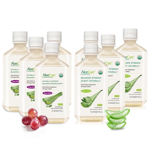 [BRSROBLYDJ4BAEQ7] AloeCure Organic Aloe Vera Juice - 8 Bottle Sample Pack - Grape and Natural Flavor, 8x500ml