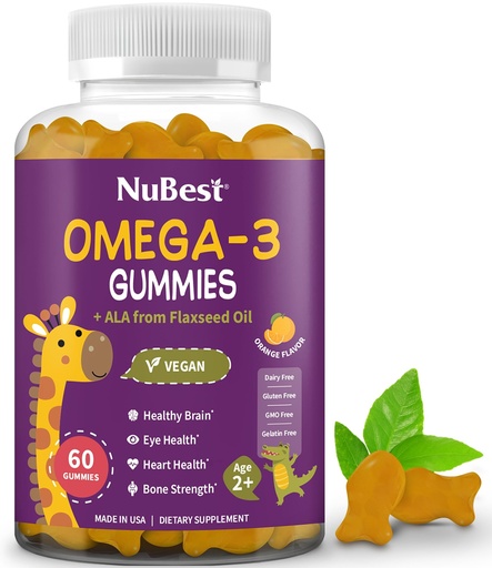 [BRSRAAQCOJ4BMCLJ] NuBest Omega 3 Gummies for Kids & Teens with Flaxseed Oil | Supports Brain Growth, Mental Clarity, Focus, and Eye Health | No Added Sugar | Orange Flavor | 60 Premium Vegan Gummies | 1 Month Supply
