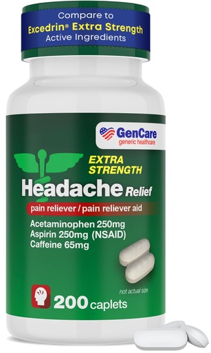 [BRSRAFIYCRYQKF35] GenCare - Headache Relief Acetaminophen with Aspirin (NSAID) & Caffeine (200 Caplets) Value Pack | Head Pain, Muscle Aches, Back Pain & Body | Generic Excedren Extra Strength
