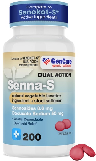 [BRSWYZD7PIHGCCTH] GenCare - Senna-S Natural Vegetable Laxative Plus Stool Softener Dual Action (200 Tablets) Value Pack | Gentle Dependable Overnight Relief of Occasional Constipation Generic for Senokot-S