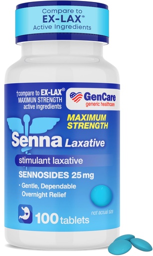 [BRSRMCA6CIIBYET4] GenCare - Maximum Strength Senna Laxative 25mg (100 Tablets) - Gentle Constipation Relief Sennosides USP Stimulant Laxatives Digestion Pills - Natural Overnight Relief while You Sleep - Generic Ex Lax