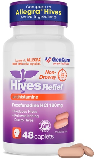[BRSREHAFCF6BE2TG] GenCare 24hr Hives Relief Allergy Medicine for Adults & Kids 12+ – Fexofenadine 180mg 24 Hour Non Drowsy Antihistamine Formula – Nondrowsy Allergy Relief Tablets – Generic for Allegra Hives (48 Count)