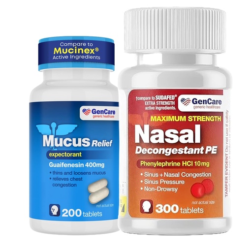 [BRSREYADOYIR62Y2] GenCare Cold Mucus & Sinus Relief Bundle – Nasal Dicongestion Phenylephrine 10mg & Mucus Relief Expectorant Guaifenesin 400mg