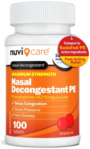 [BRSRA2T6BZ5AOCDZ] NUVICARE Max Strength PE Phenylephrine HCl 10mg Non Drowsy Nasal Decongestant - Allergy Sinus Congestion Relief Compare to Sudafed PE Decongestant Tablets - Sinus Decongestants for Adults (100 Count)