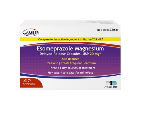 [BRSREED4AQBBG3TK] Camber Esomeprazole Magnesium USP 20mg, Delayed Release Capsules, Treats Frequent Heartburn (42 Count)