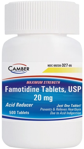 [BRSRMCD7AQFAMF3H] Camber Famotidine Tablets 20 mg Maximum Strength Acid Reducer 500ct Family Pack
