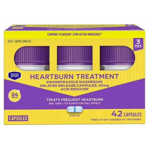 [BRSRAGT5O4DWAH3P] Berkley Jensen Esomeprazole Magnesium Delayed Release Capsules 20 mg - Acid Reducer, Frequent Heartburn or Acid Reflux Medicine - Safe and Effective for 24-Hour Heartburn Relief - 42 Capsules