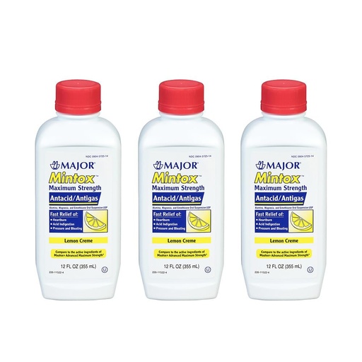 [BRSWIGQ6AAIREFLY] MAJOR Mintox Maximum Strength Antacid/Antigas for Fast Relief of Heartburn, Acid Indigestion, Pressure, Bloating - Lemon Creme - 12 Fl Oz (355 mL) (3 Pack)