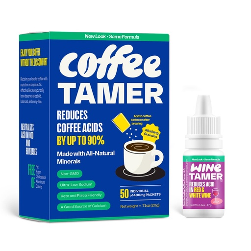 [BRSRABQ6CUPA43LO] Coffee Tamer Coffee Acid Reducing Granules 50 Pack Box and Wine Tamer Liquid Drops 6oz Dropper Bottle
