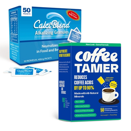 [BRSRAAL3DJ6AICYY] Coffee Tamer Coffee Acid Reducing Granules 50 Pack Box and CalciBlend Alkalizing Granules 50 Pack Box