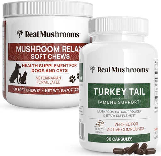 [BRSRMYI2CEDWYGQ4] Real Mushrooms Turkey Tail for Humans (90ct) & Mushroom Pet Relax Chews (60 Chews) - Bundle for Immunity & Relaxation - Vegan, Non-GMO, Gluten-Free, Grain-Free Mushroom Extract Supplements
