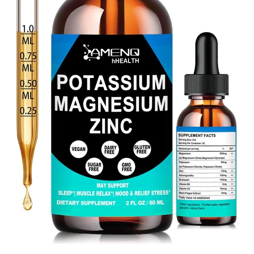 [BRSREAAOPIMAAEQ7] Potassium Magnesium Supplement Liquid Drops Plus Zinc, Ashwagandha, Bromelain and Vitamin D3 & B6 Support Vascular, Bone, Muscle & Nerve Health, Non-GMO, Vegan, Magnesium Glycinate and Potassium