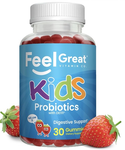 [BRSWGBD6OJ6BU3TD] Feel Great USDA Organic Kids Probiotics Gummies | Chewable Strawberry Probiotics for Digestive Health & Immune Support | Plant Based Probiotic & Prebiotic for Kids | 30 Count
