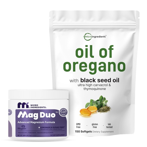 [BRSRGCQOB4CBYYAY] Micro Ingredients Mag Duo Magtein Magnesium L‑Threonate Powder & Oil of Oregano 150 Softgels 2 Pack | with Magnesium Glycinate for Calm, Sleep & Focus Support | 4X Strength Carvacrol + Black Seed Oil