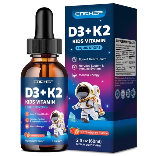 [BRSREFABOECR6CLF] Vitamin D3 K2 Drops for Kids - Liquid Supplement with Magnesium for Calcium Absorption, Joint Health, Teeth & Heart - Non-GMO, Vegan, Strawberry, 2 Fl Oz - Kids Ages 4+